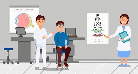 医疗工作者帮助年轻人选择镜片在测试期间.眼科医疗服务.